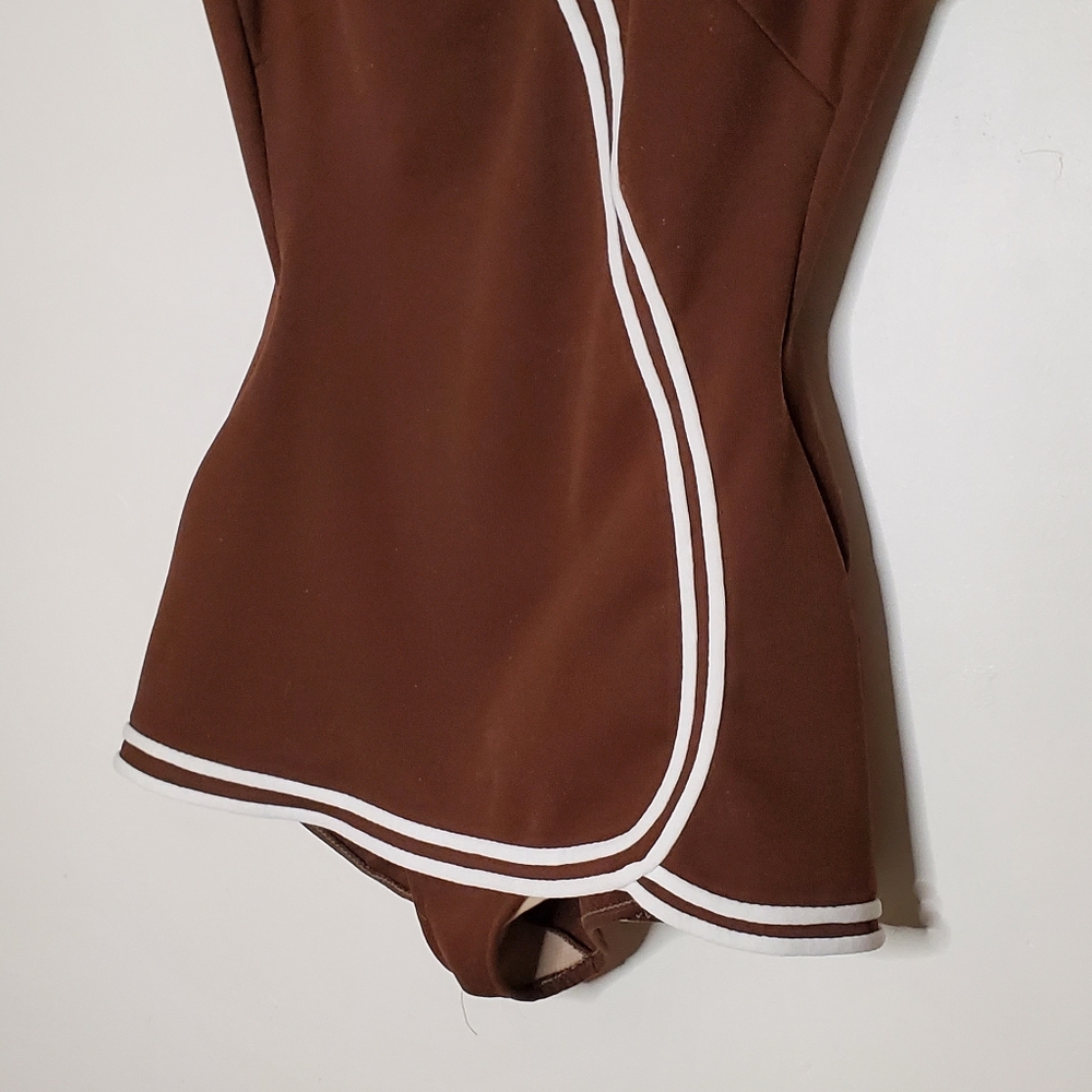 60s Sweetheart Brown Vintage One Piece Swimsuit with White Striped Lining - Picture 4 of 13